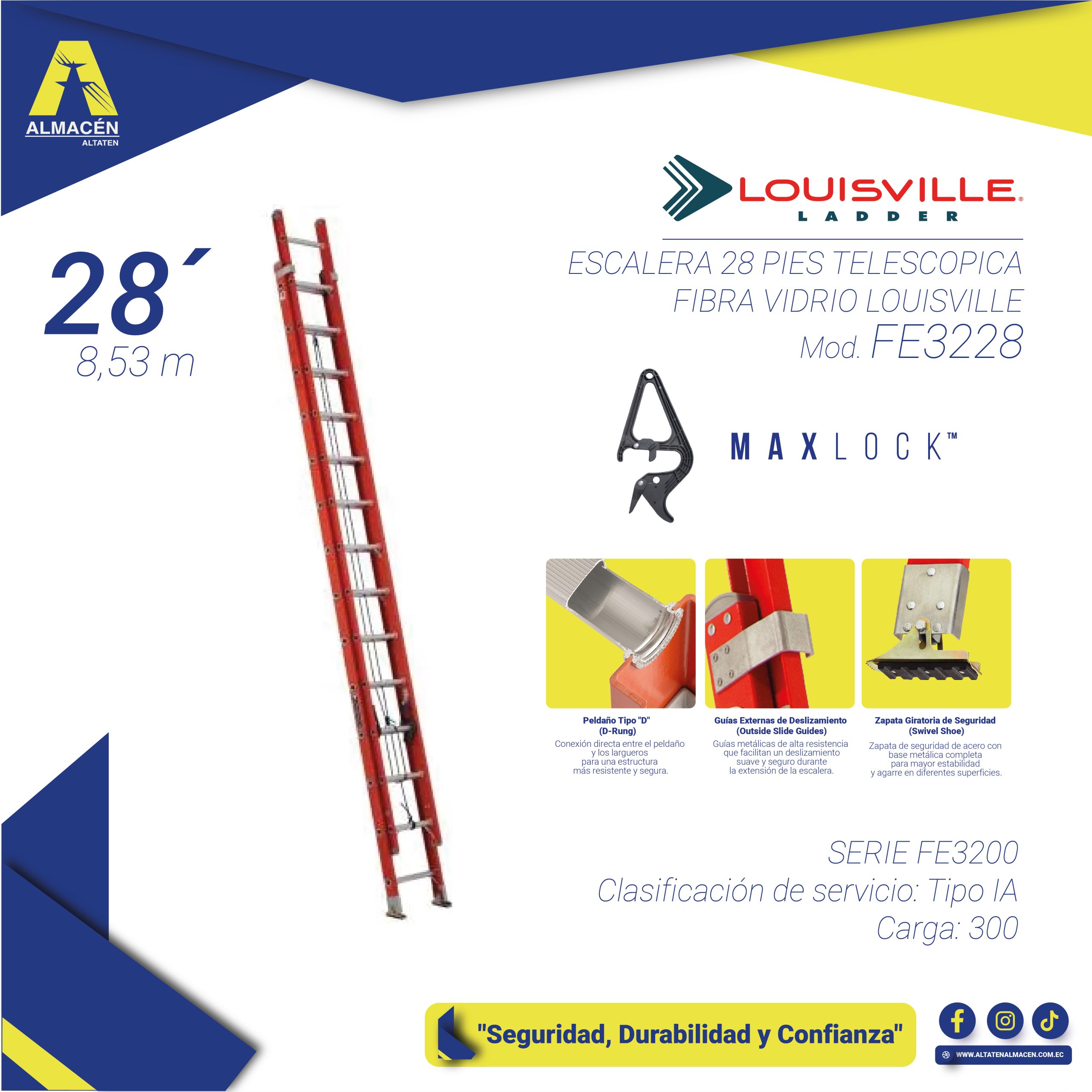 ESCALERA 28 PIES TELESCOPICA FIBRA VIDRIO LOUISVILLE
