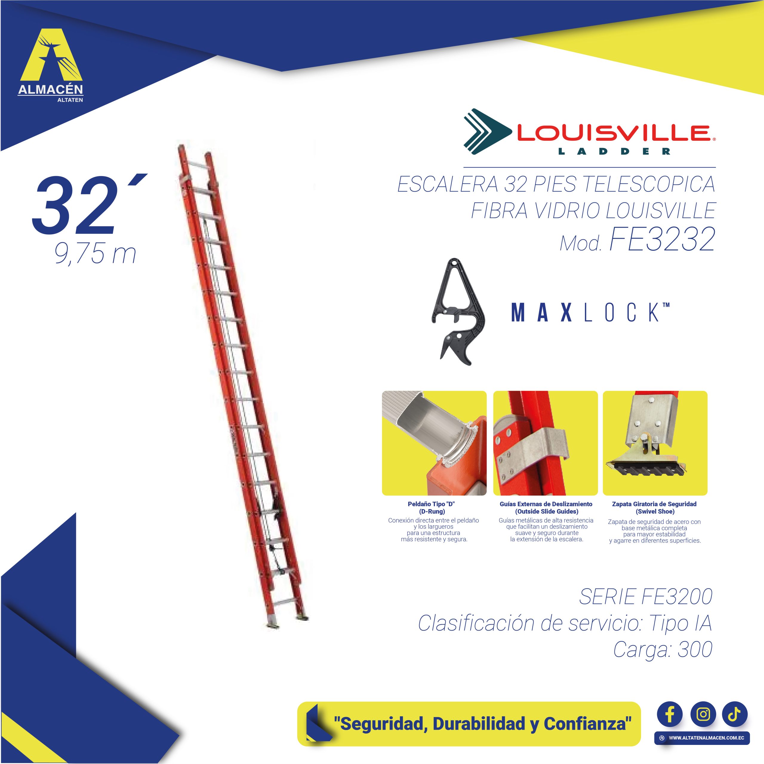 ESCALERA 32 PIES TELESCOPICA FIBRA VIDRIO LOUISVILLE