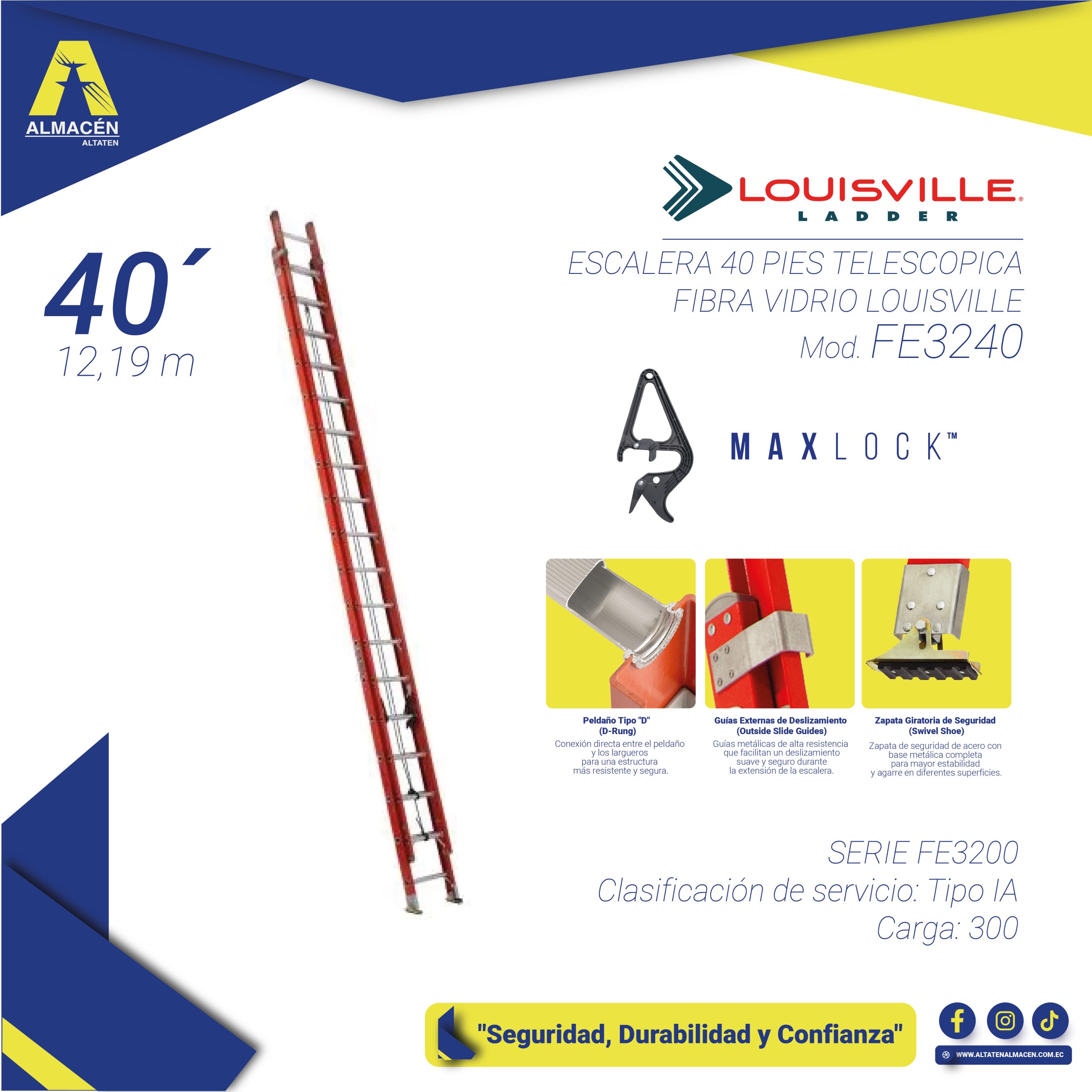 ESCALERA 40 PIES TELESCOPICA FIBRA VIDRIO LOUISVILLE