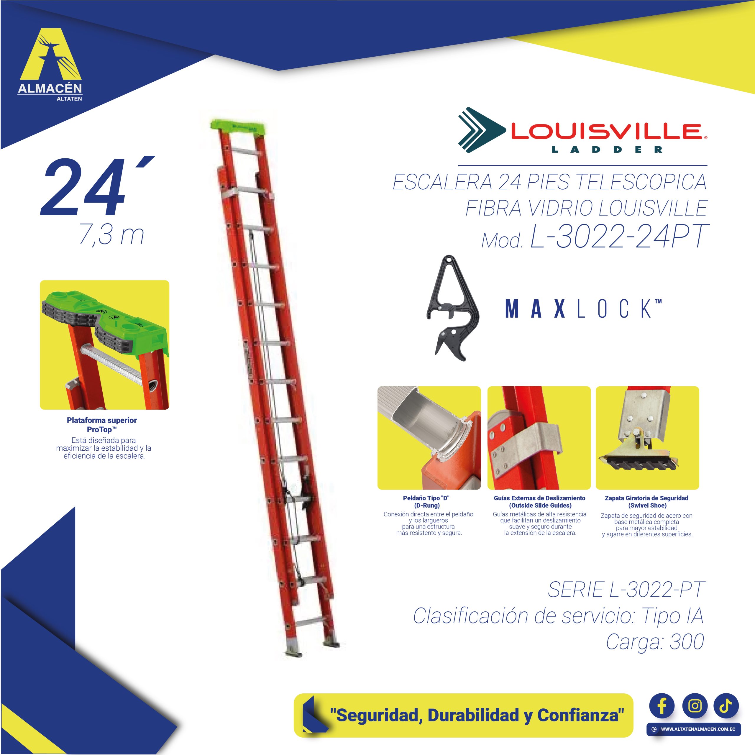 ESCALERA 24 PIES TELESCOPICA FIBRA VIDRIO LOUISVILLE