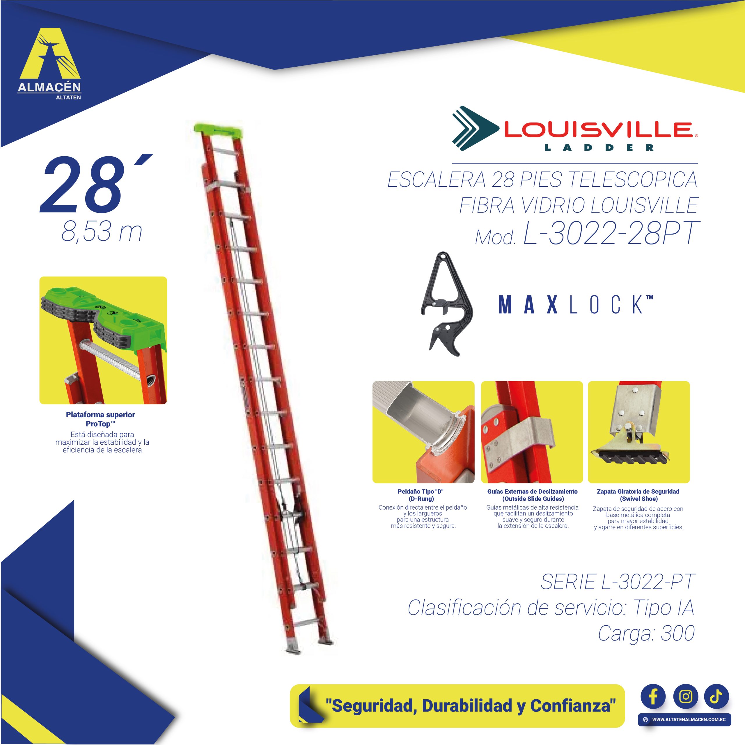 ESCALERA 28 PIES TELESCOPICA FIBRA VIDRIO LOUISVILLE