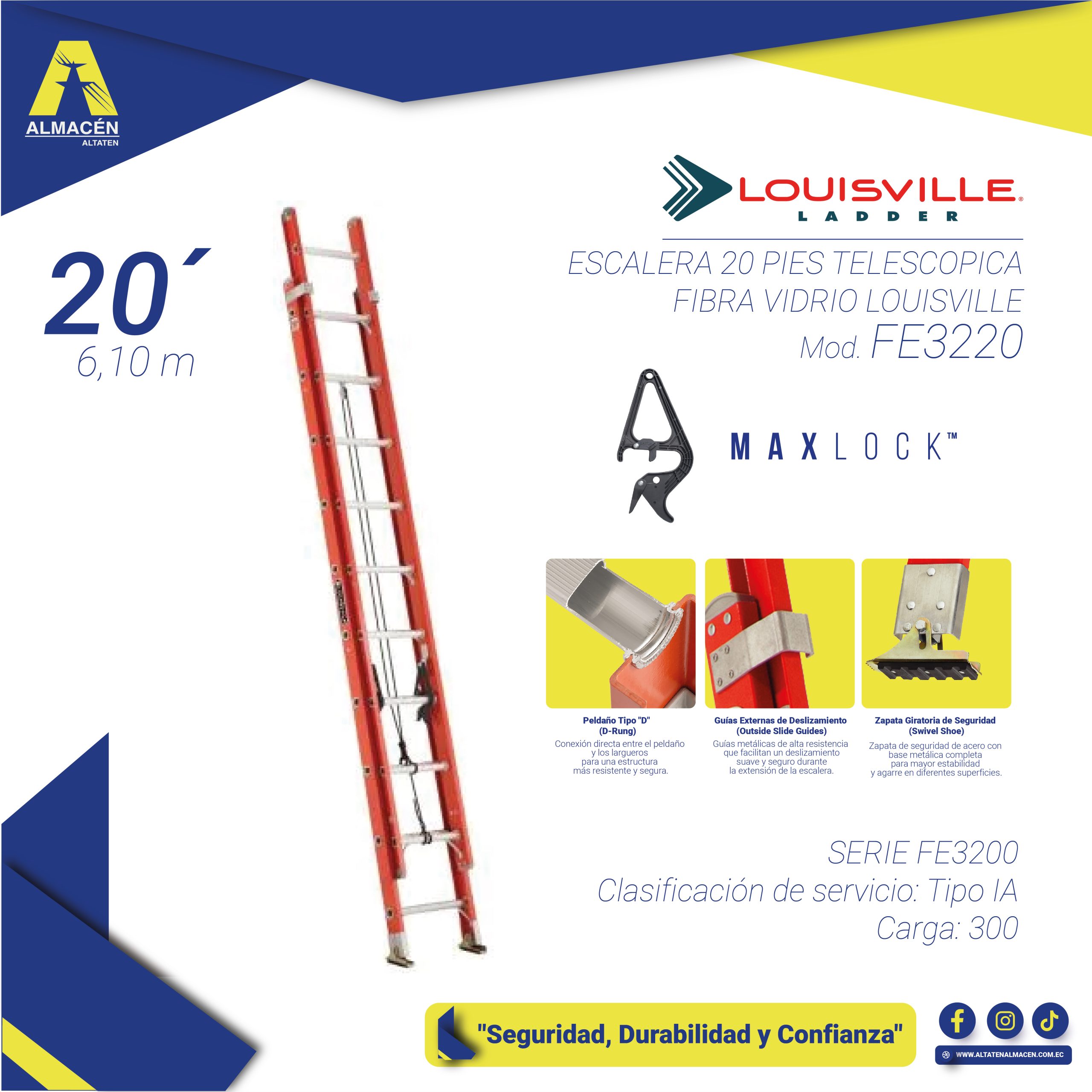 ESCALERA 20 PIES TELESCOPICA FIBRA VIDRIO LOUISVILLE