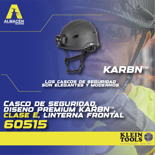 Casco de seguridad, diseño premium KARBN™, sin ventilación, clase E, linterna frontal 60515