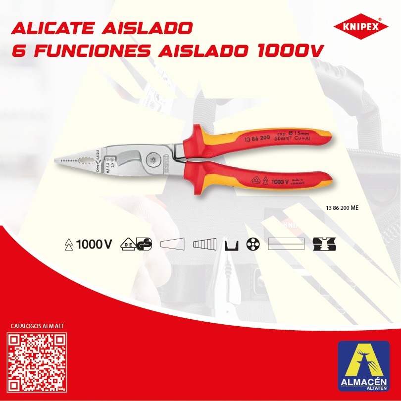 ALICATE 6 FUNCIONES 13 86 200 AISLADO 1000V KNIPEX