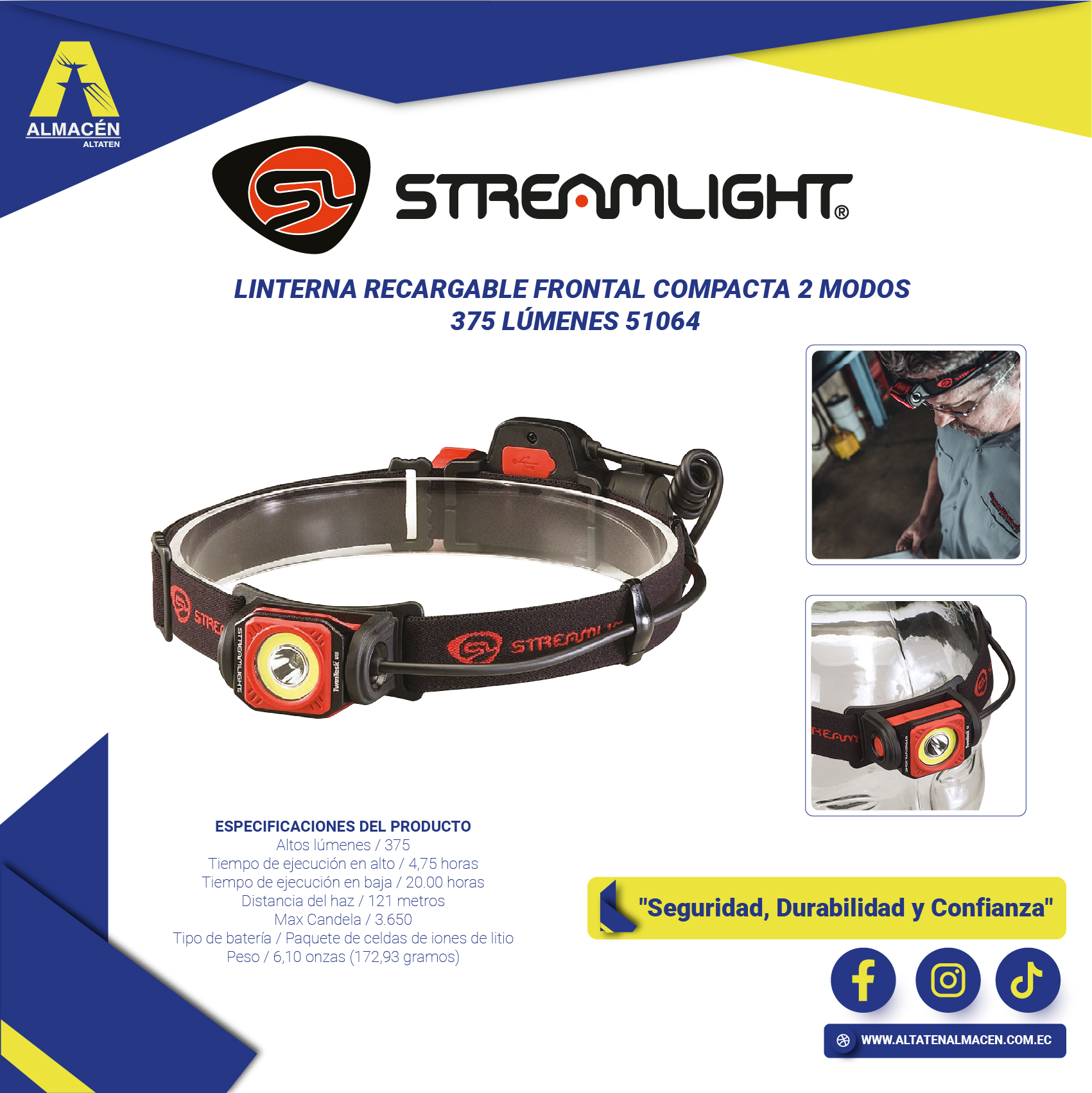 Linterna frontal Streamlight 375 lúmenes recargable