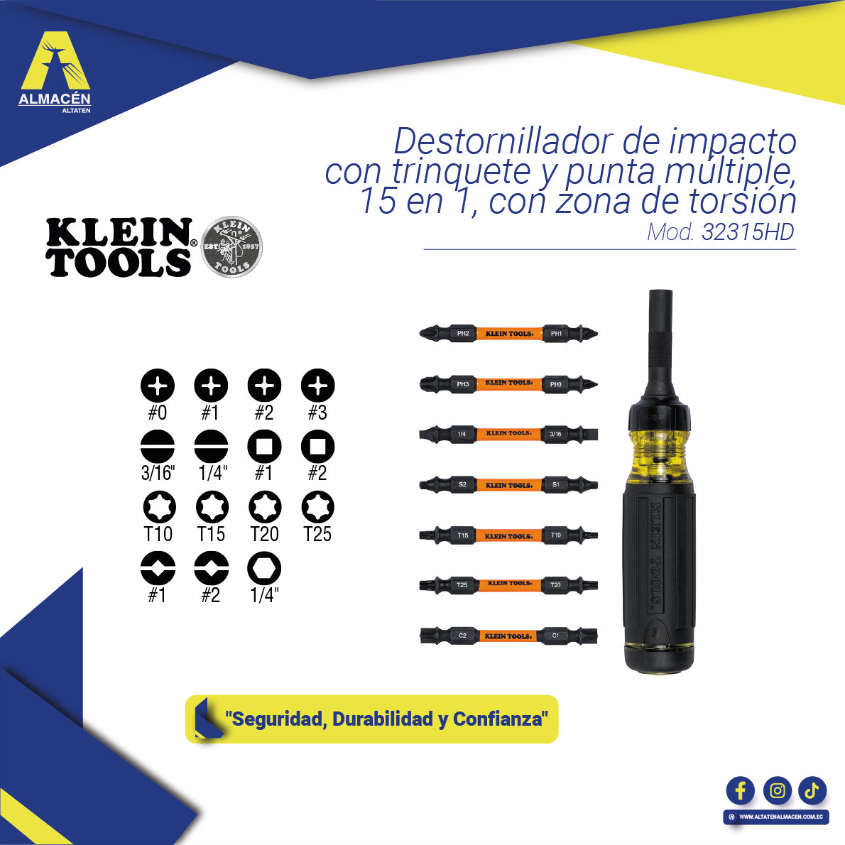 DESTORNILLADOR DE IMPACTO CON TRINQUETE Y PUNTAS MÚLTIPLES 32315HD 15 EN 1 KLEIN TOOLS