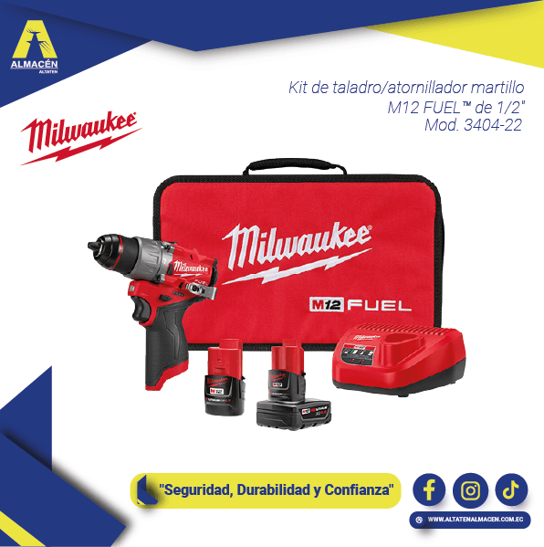 Taladro percutor inalámbrico Milwaukee M12 FUEL 3404-22 con baterías y bolso