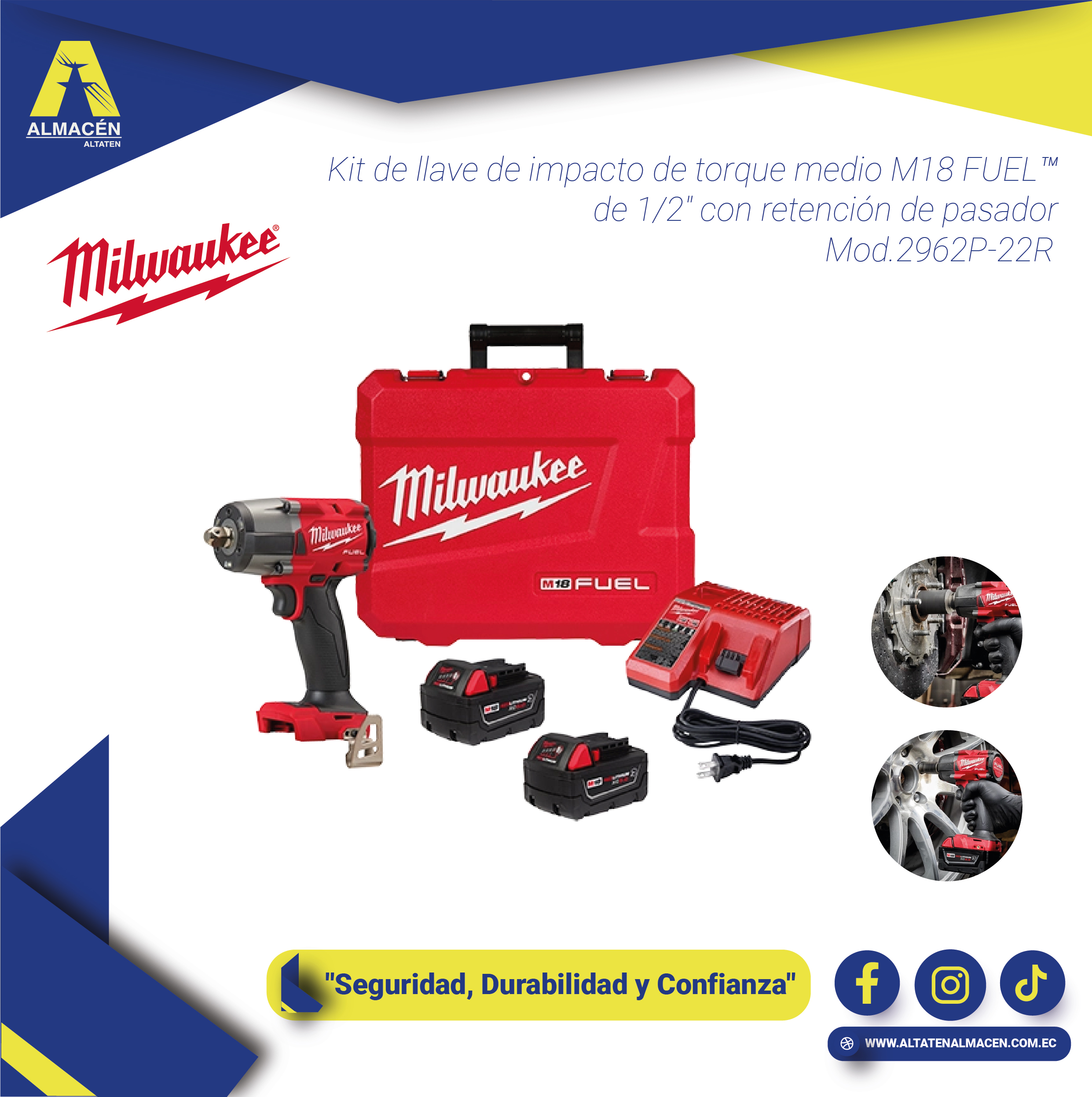 Llave de Impacto Milwaukee M18 FUEL 1/2” Mid-Torque con Pin Detent Kit 2962P-22R